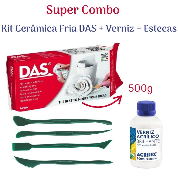 Kit - Massa Cerâmica Fria DAS + Verniz Acrílico Brilhante 100ml + 4 Estecas