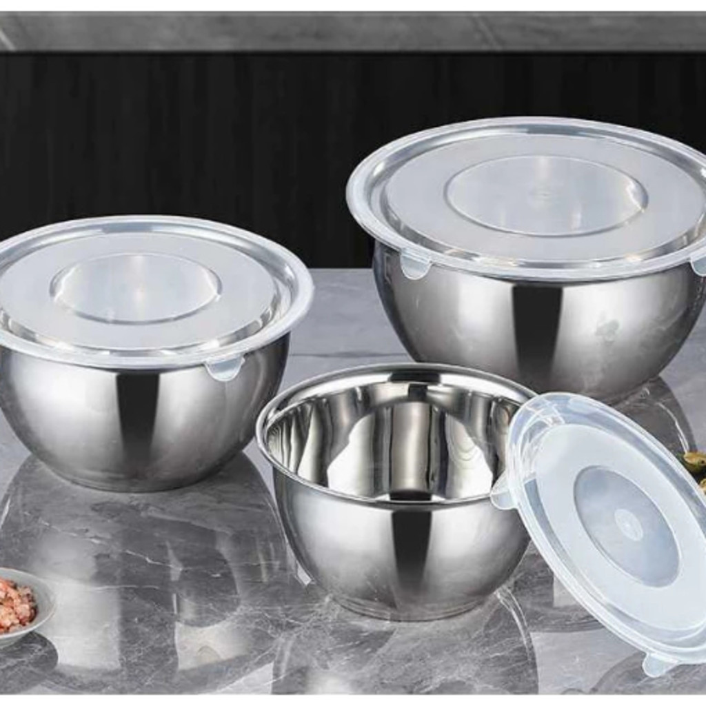 Conjunto 3 Bowls Inox com Tampa,Tigelas Multiuso Reforçadas para Saladas e Armazenar Alimentos