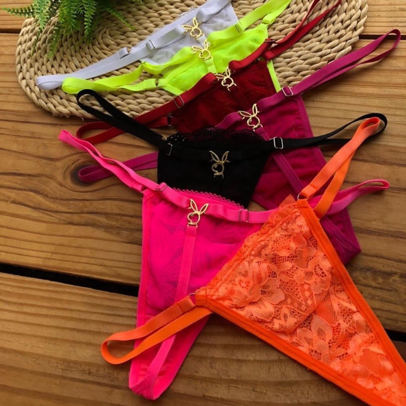 kit 5 Tangas Playboy rendada coelhinha sexy com pingente fio dental em Oferta na Shopee