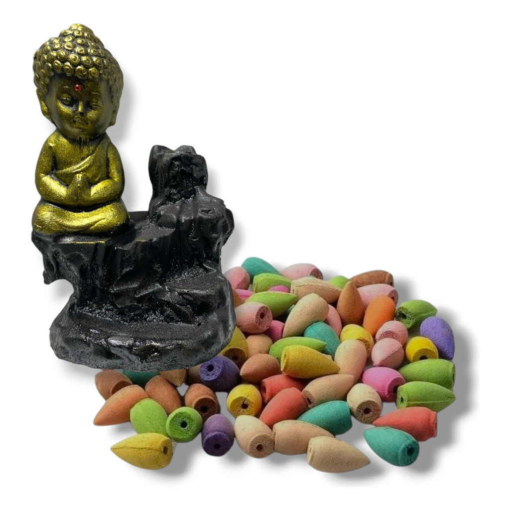 Imagem Buda Incensário Backflow Cascata Porta Incenso + 100 Cones