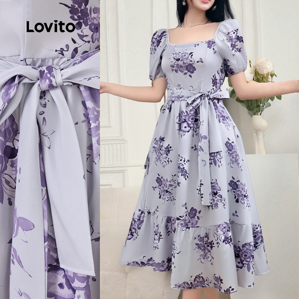 Lovito Vestido Boho Floral com cinto e babados na bainha para mulheres L131LD1234 - Women Clothes
