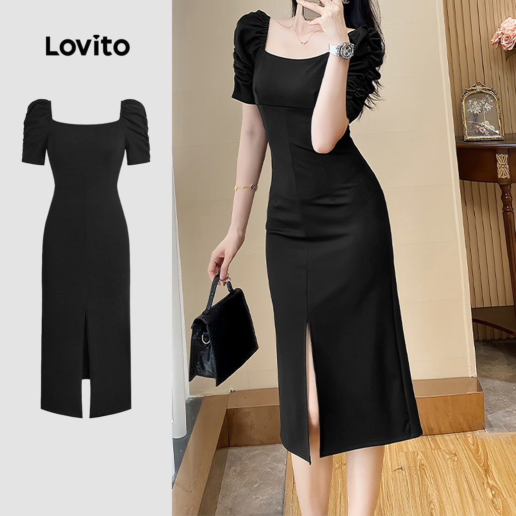 Lovito Vestido elegante liso com frente dividida para mulheres L132ED285 - Women Clothes