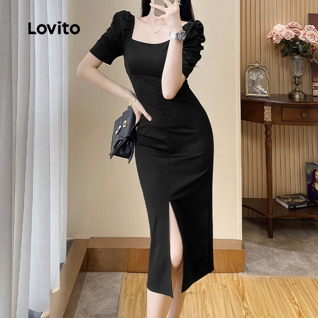 (Trendy) Lovito Vestido elegante liso com frente dividida para mulheres L132ED285 em Oferta na Shopee