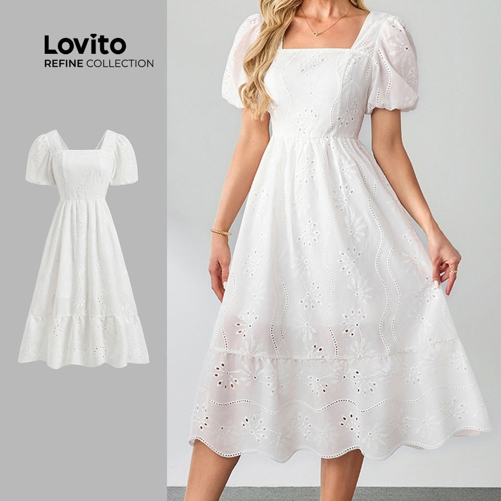 (Lovito Refine) Vestido Boho Floral Jacquard com babados e bainha bordada com ilhós para mulheres LR7LD024 - Women Clothes