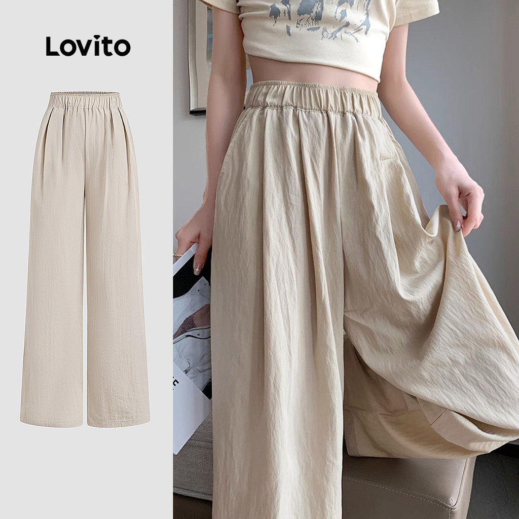 Lovito Calça Casual lisa franzida para mulheres L131ED321 - Women Clothes