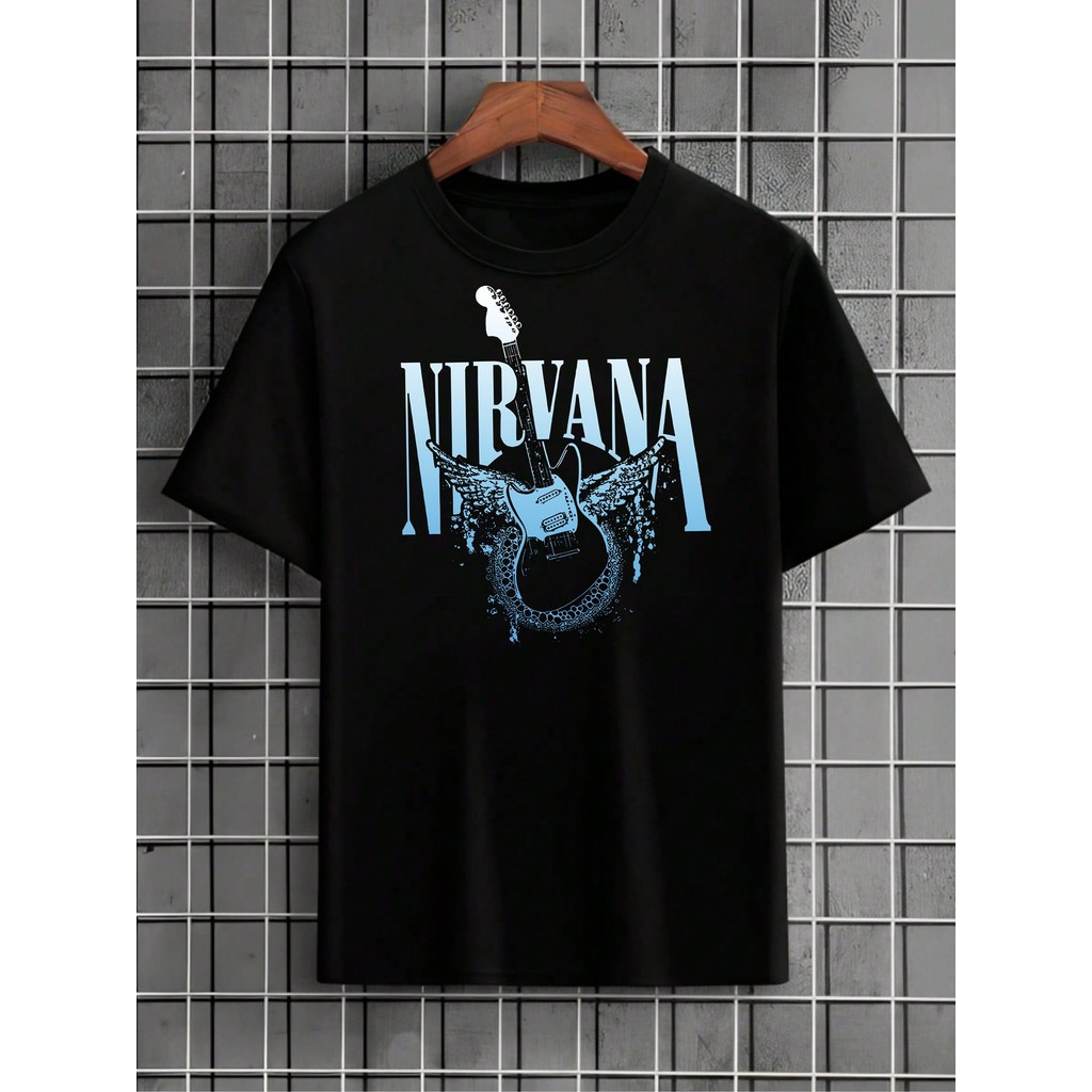Camiseta Rock Internacional Banda Nirvan Old Skull Guitarra Camisa Unissex Masculino Feminino Streetwear Preto