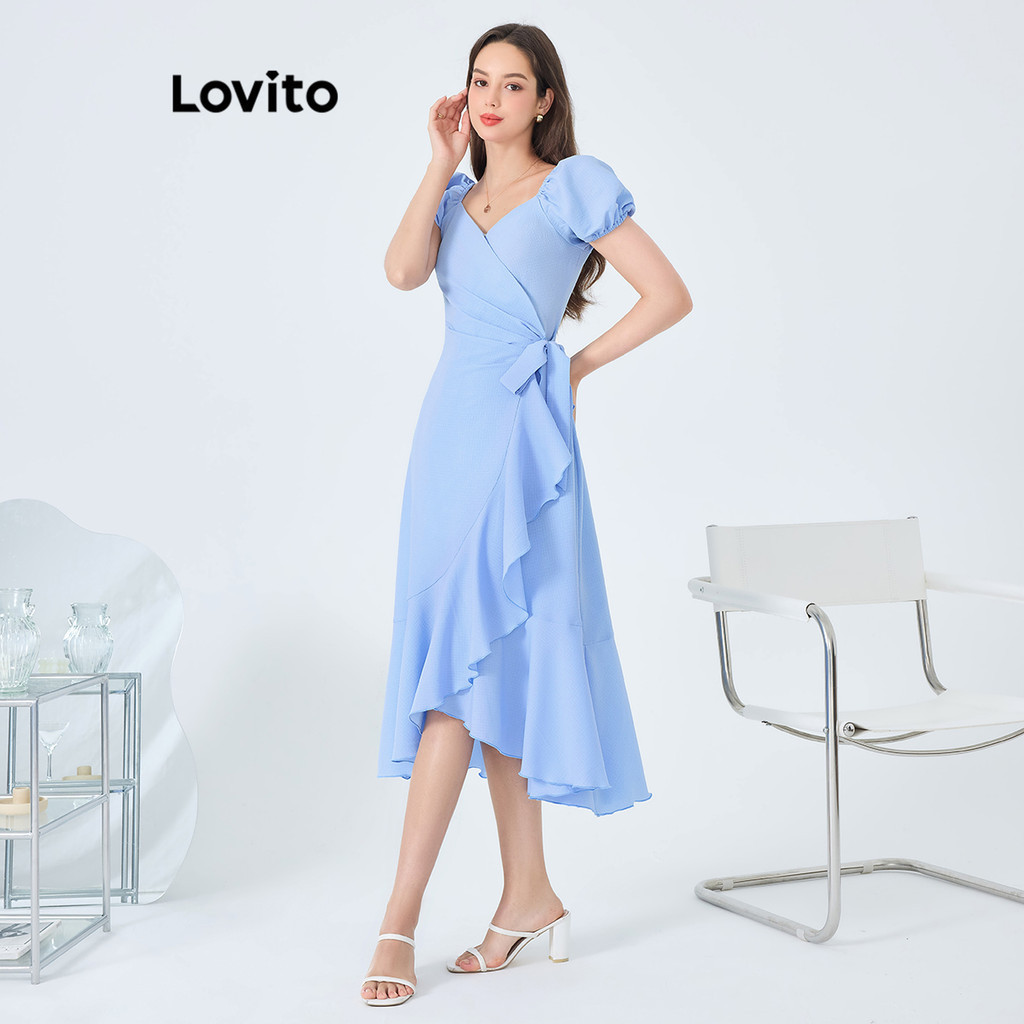 Lovito Vestido boho liso com renda e babados na bainha para mulheres L87ED363 - Women Clothes
