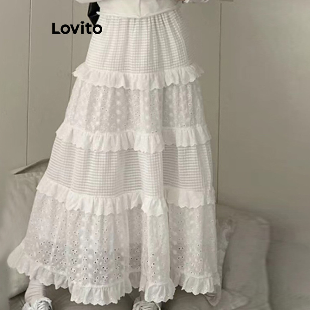 Lovito Saias Casuais Com Babados Lisos E Bainha Evasê Midi Para Mulheres LNA10128 (Branco) - Women Clothes