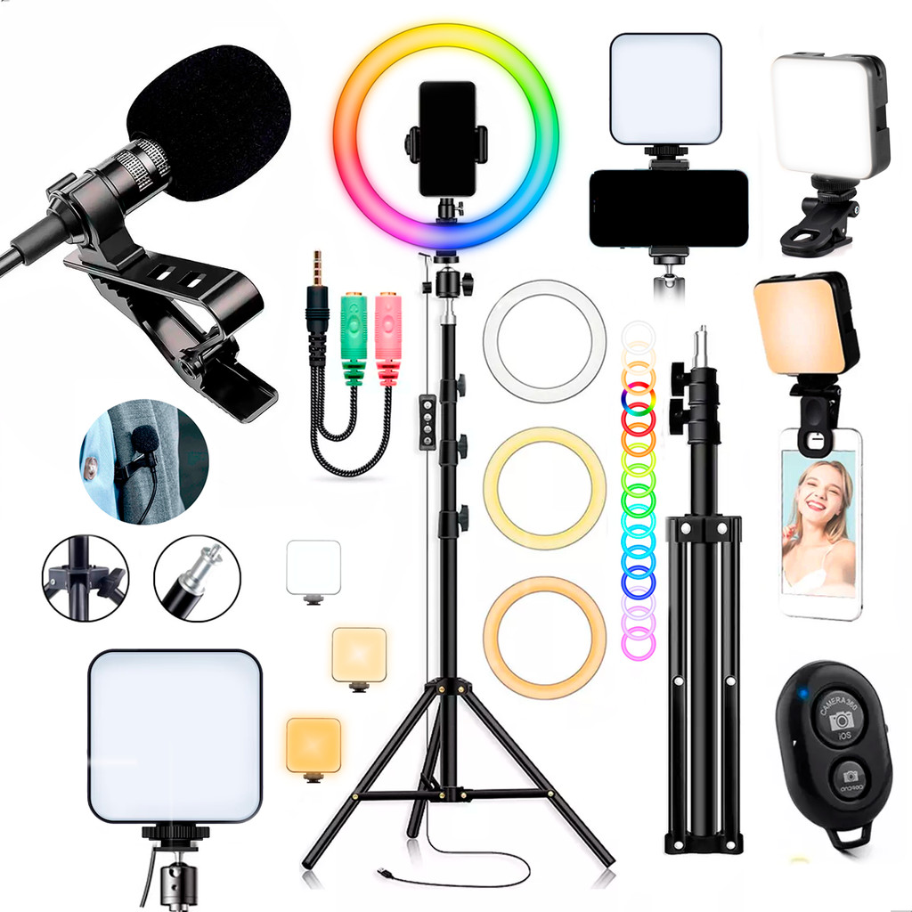 Kit Ringlinght Profissional Iluminador RGB Selfie Ring Light Tripe Microfone Luz Preenchimento
