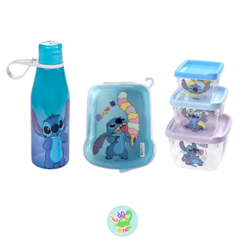 Kit para lancheira escolar infantil STICTH 3 potes para lanche + garrafa + sanduicheira