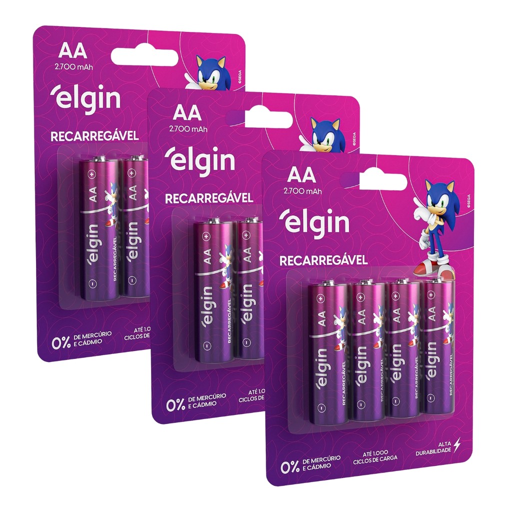 Kit 12 Pilhas Recarregável AA Pequena Blister Com 4 Un Elgin