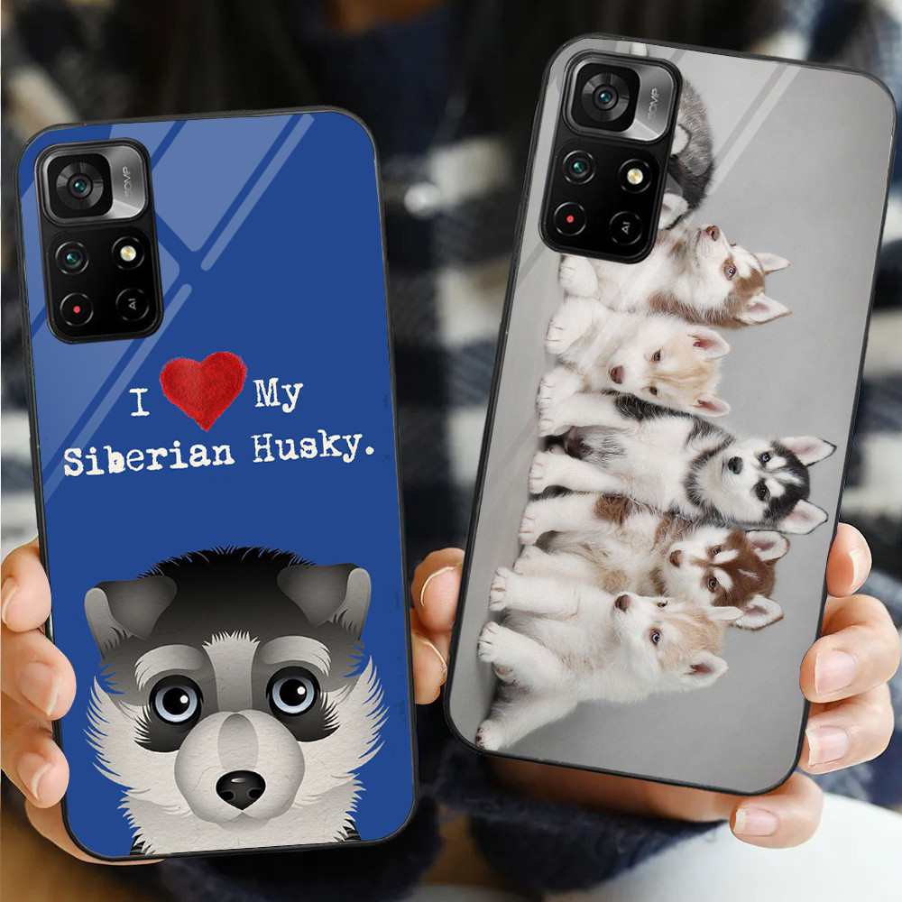 Cão Husky Siberiano Filhotes De Vidro Caso Telefone Para Xiaomi POCO F3 F4 F5 M3 M4 M5 M6 4G X3 X4 GT NFC X5 X6 PRO 5G