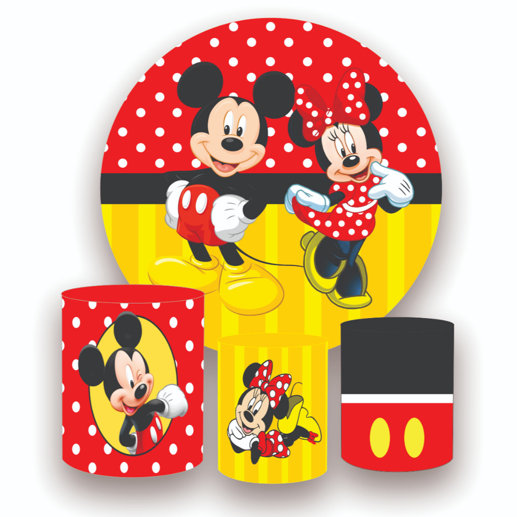 Kit Painel Redondo em tecido sublimado 1,5 + 3 Capas de Cilindros MICKEY E MINNIE