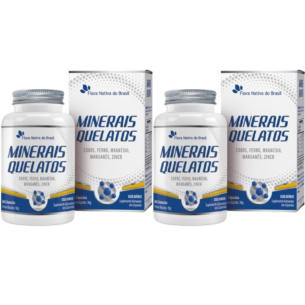 Kit 2x Minerais Quelatos Cobre Ferro Magnésio Manganês Zinco 60 Caps Flora Nativa