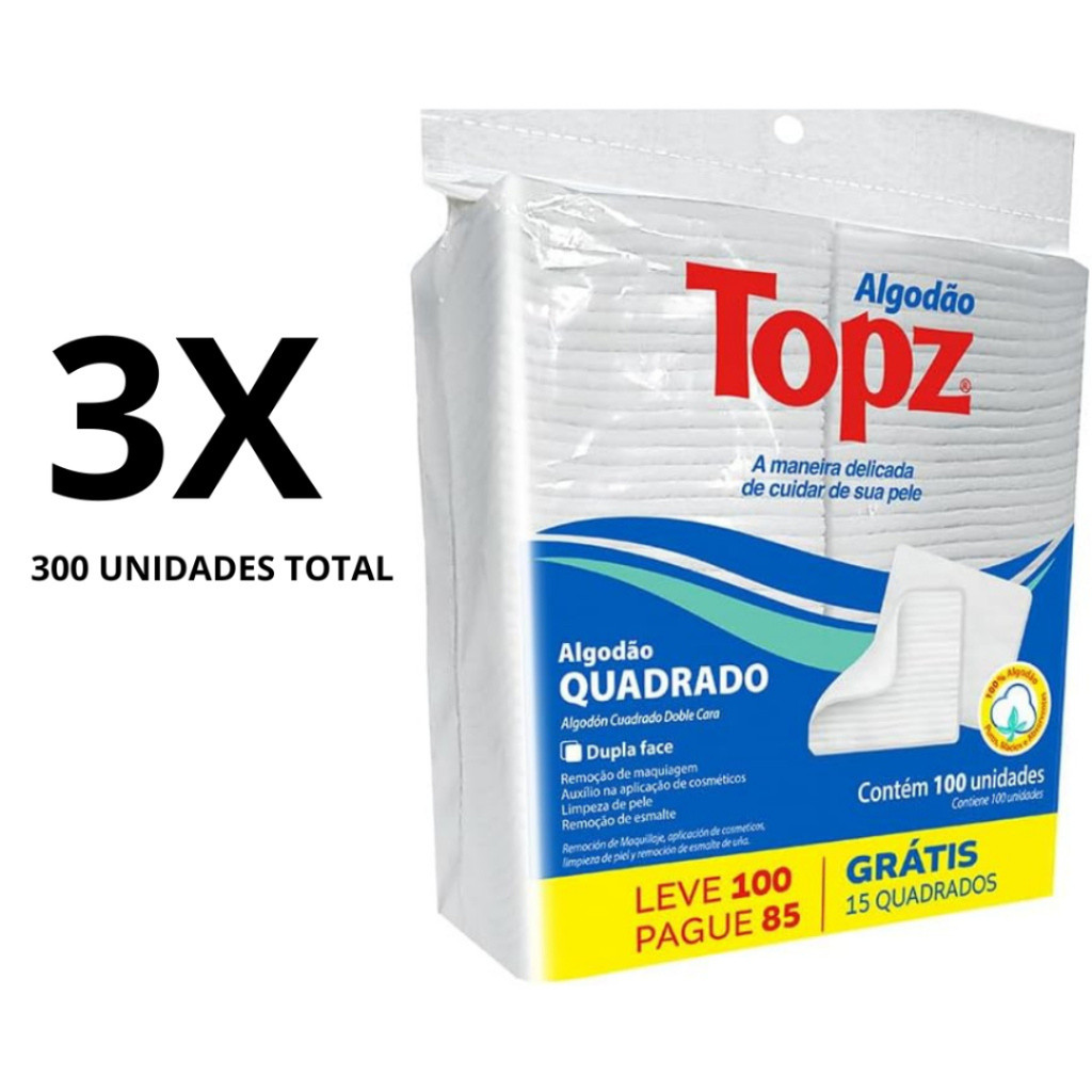 Kit 3 Algodão Topz Quadrado Limpeza Facial Dupla Face Removedor Maquiagem Esmaltes 100un