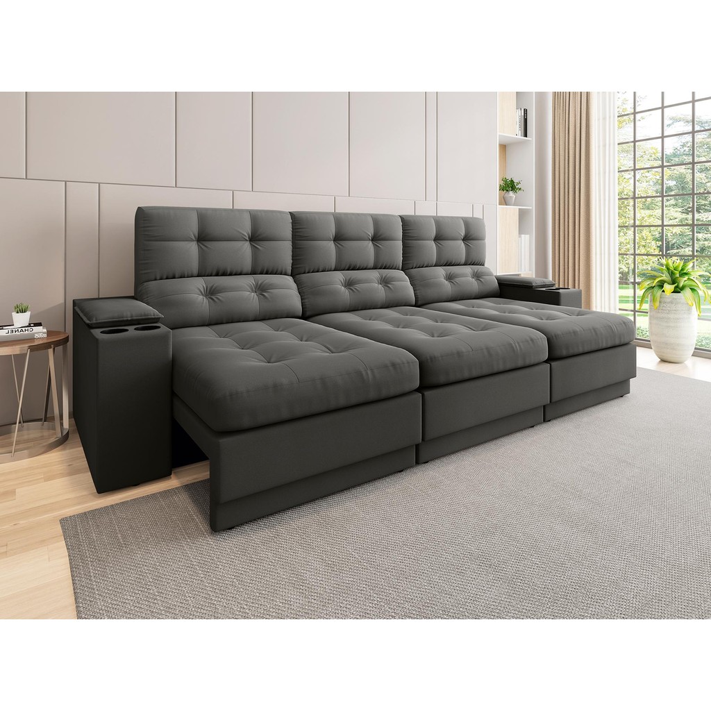 Sofá com Porta Copos e Carregador USB Eureka 2,30m Assento Retrátil e Reclinável Velosuede - NETSOFAS em Oferta na Shopee