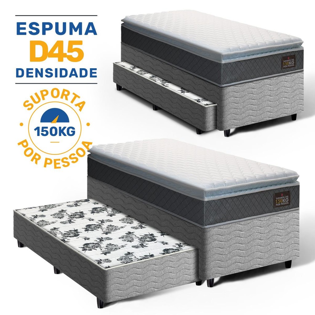Cama Box com Colchão de Espuma D45 Pillow Top Fort Comfort + Auxiliar de Espuma Unique Solteiro 88cm em Oferta na Shopee