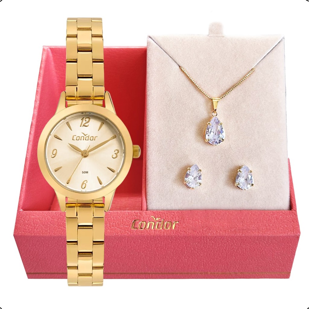 Imagem de Relógio Condor Feminino Original Pequeno Dourado CO2035MZQ/K4X Conjunto Colar E Brinco Feminino