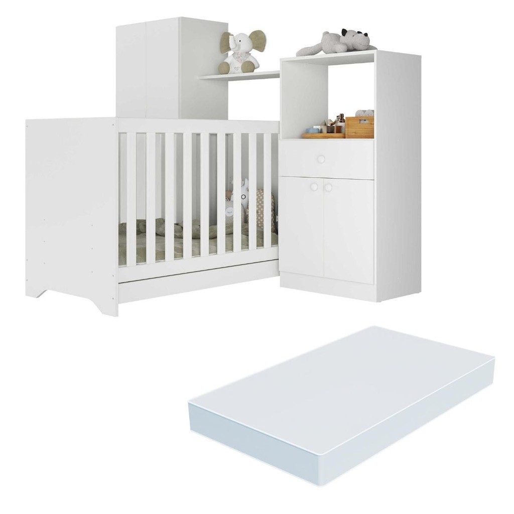 Quarto Infantil com Berço 3 em 1 e Colchão Incluso Luíza Multimóveis Branco em Oferta na Shopee