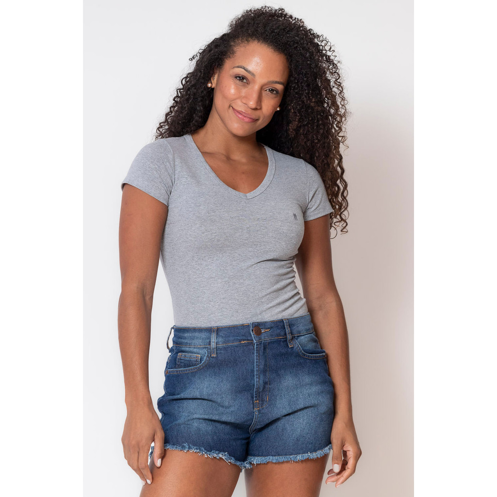 Camiseta Feminina Decote v Polo Wear Mescla Médio - Women Clothes