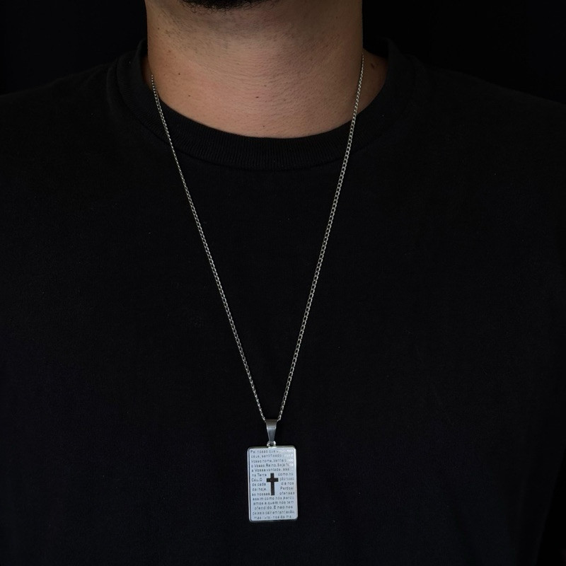 Corrente Groumet Colar Pai Nosso Corrente Masculino e Feminino Prateado