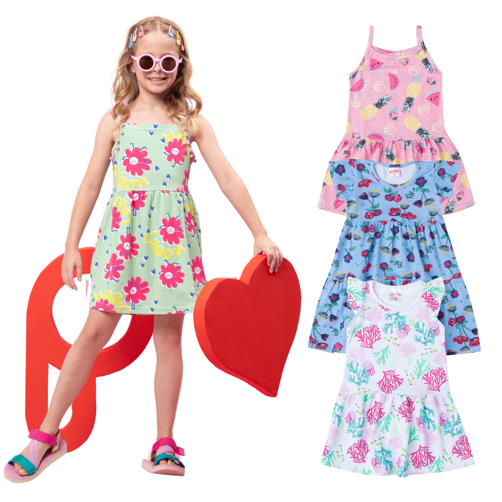 Kit 3 Vestidos Infantil Sortidos Menina Verão Colorido Criança