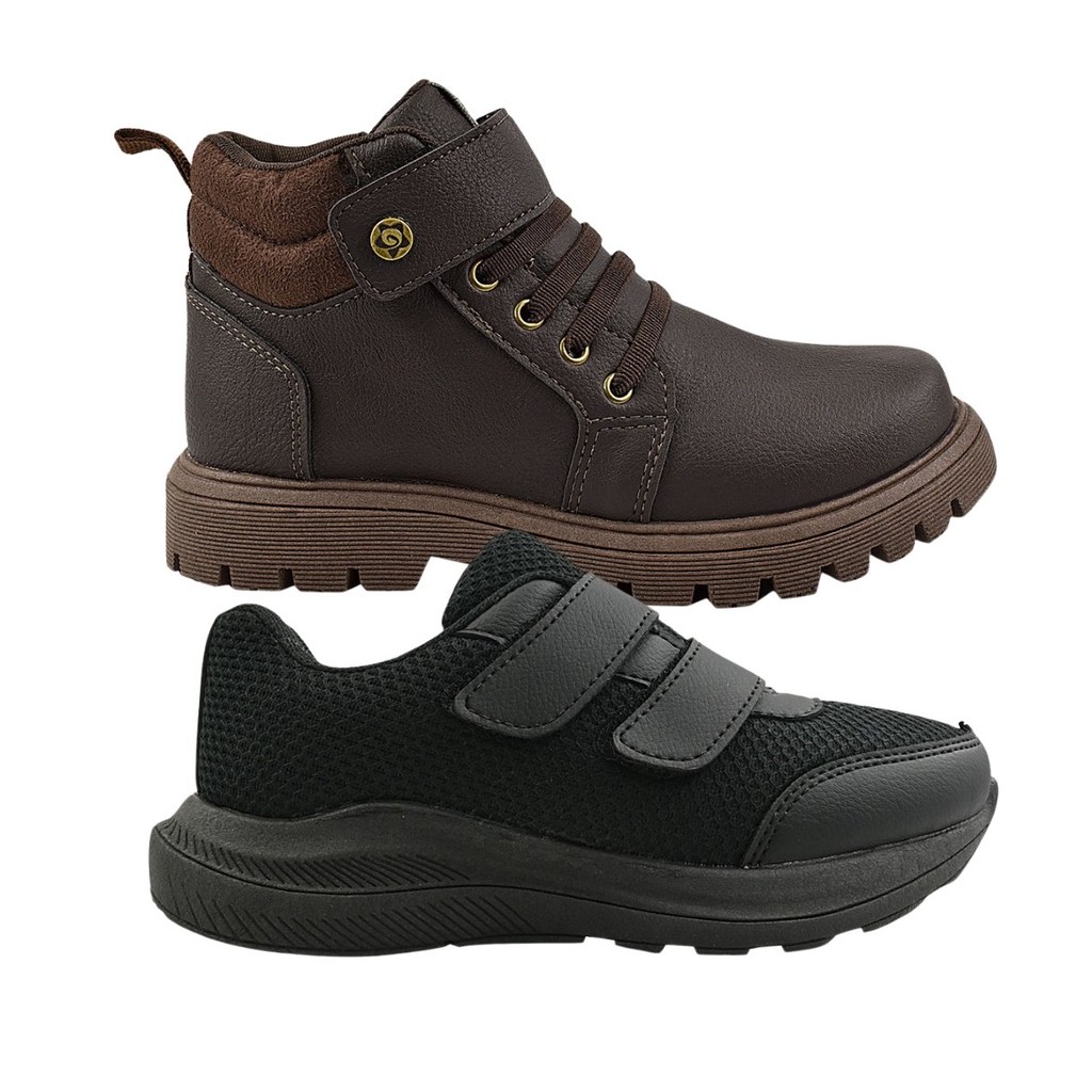 Kit Dois Pares Tênis Colegial E Coturno Calce Fácil Zíper Menino Infantil Conforto Grugui