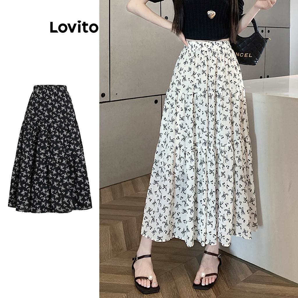 Lovito Saia Longa Simples com Estampa de Flores para Mulheres LNE17088 (Branca) em Oferta na Shopee