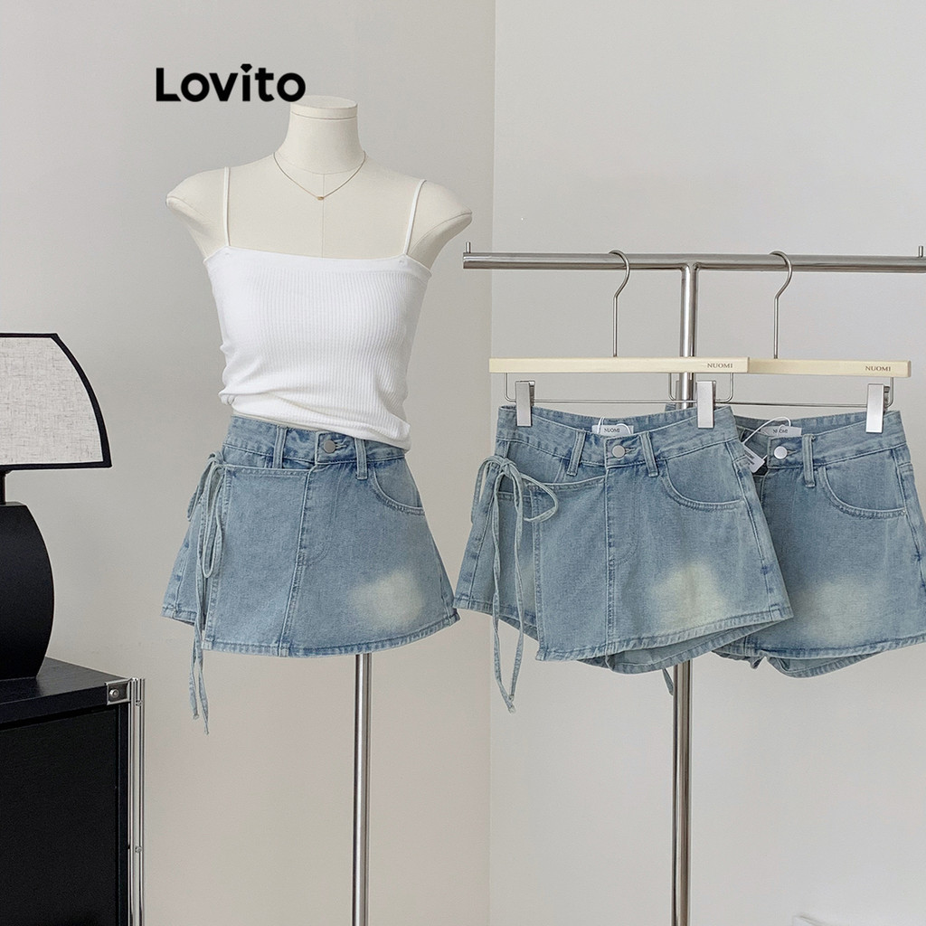 Lovito Shorts Jeans Casuais Com Bolso Liso E Cadarço Para Mulheres LNA17136 (Azul) - Women Clothes