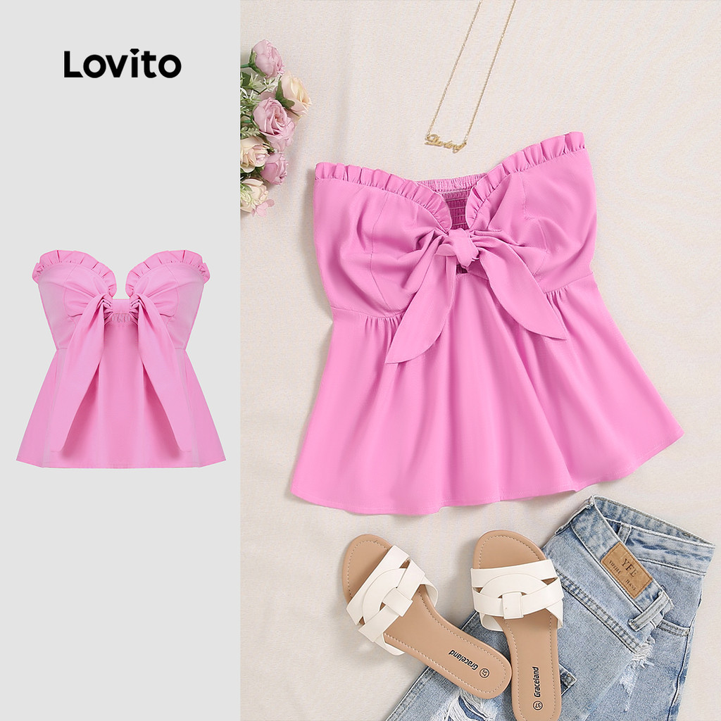 Lovito Linda regata plissada lisa com nó para mulheres L122AD108 - Women Clothes