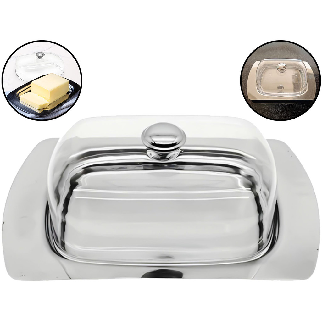 Porta Manteiga Margarina Aço Inox Com Tampa Acrílico Manteigueira Retangular em Oferta na Shopee