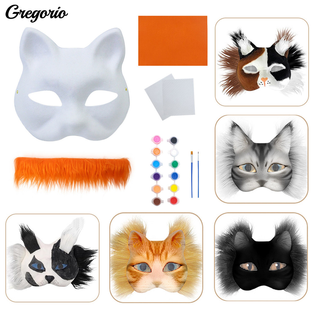 GRH-Cat Masque DIY Set Máscara De Gato De Papel Branco Com Malha De Olho De Pele Sintética