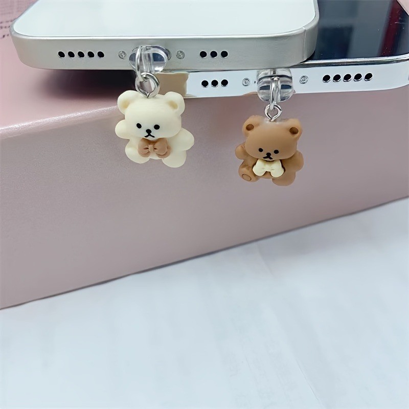 Bonito Urso Branco Marrom Anti-Poeira Plug Acessórios Para iPhone Tipo-C Android Porta De Carregamento Protetor De