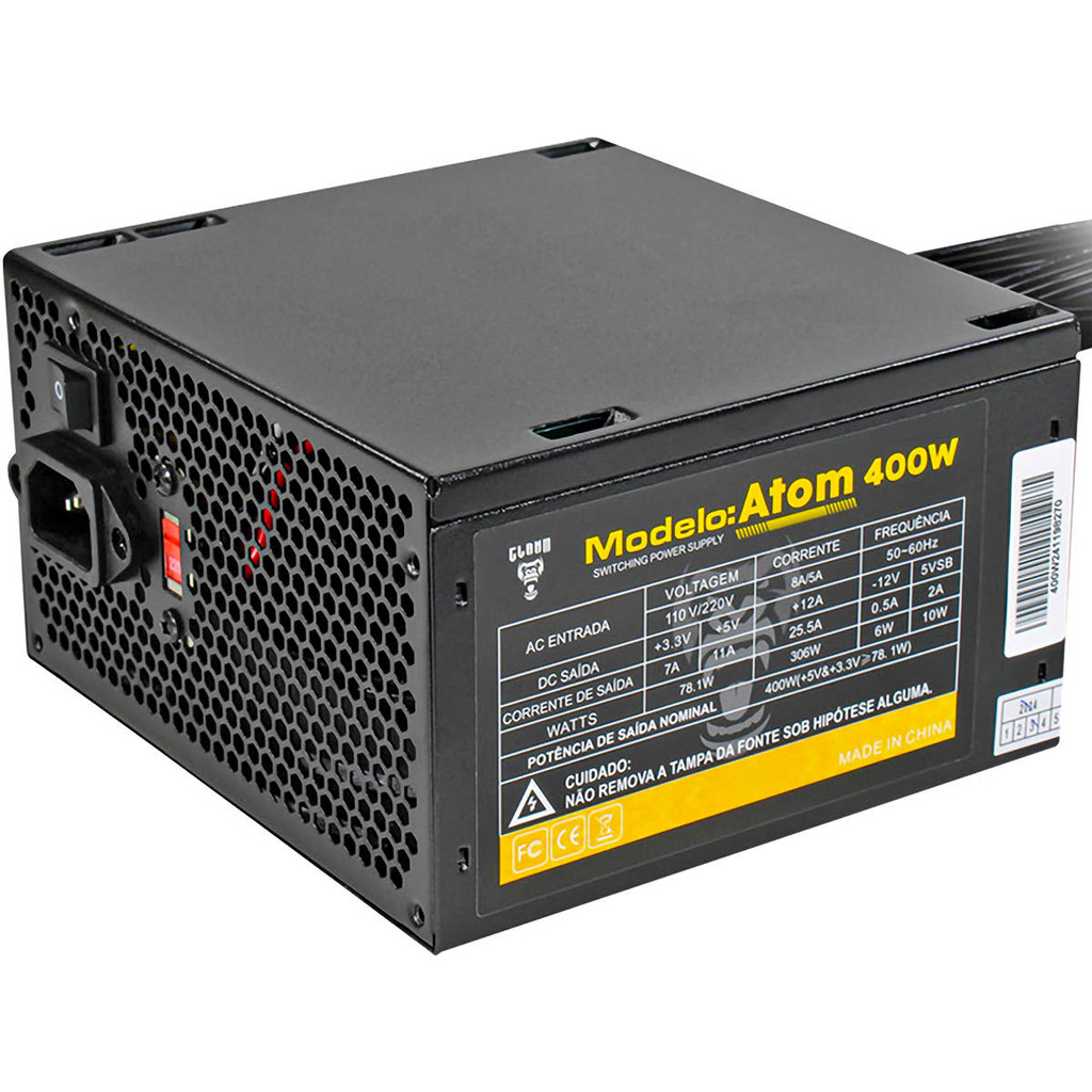 Fonte ATX 400W Gamer Ventoinha 12cm Não Modular 140x150x86mm Atom Clanm