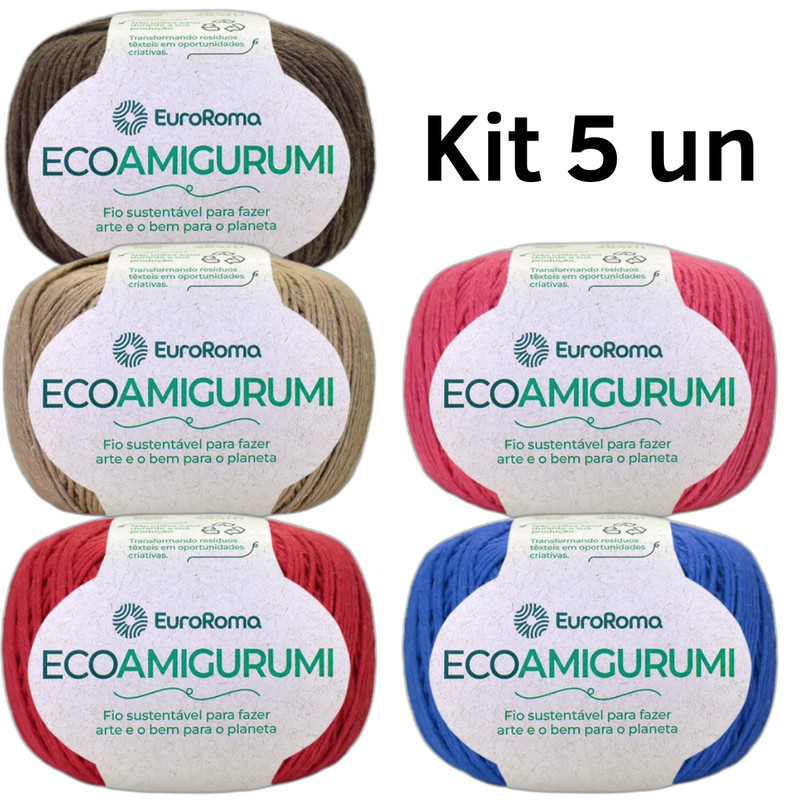 Kit 5 Novelos Eco Amigurumi 254 Metros Fio Macio 85% Algodão Euroroma Titulo 8/7 Crochê Roupa Boneco