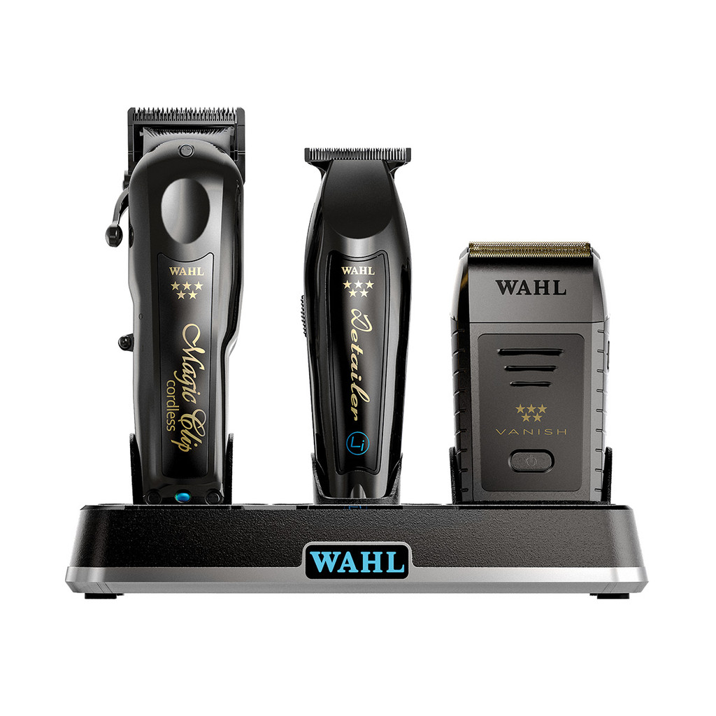 Kit Máquina de Cortar Cabelo Magic Clip Black e Barbeador Shaver Vanish e Base Carregadora Tripla Power Station Wahl