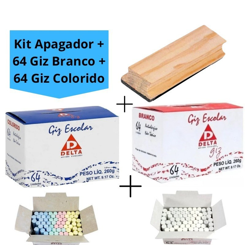 Kit Apagador em Madeira + 64 Unidades Giz Colorido + 64 Unidades Giz Branco Escolar Quadro Verde Negro Delta em Oferta na Shopee