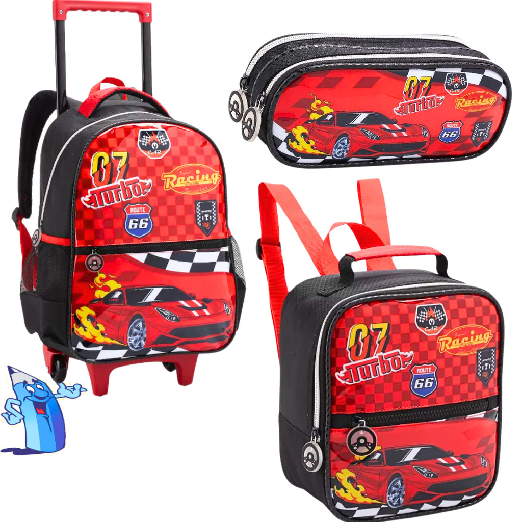 KIT MOCHILA DE RODINHA CARROS COM LANCHEIRA E ESTOJO ESCOLAR INFANTIL MENINO CARRO TURBO RACING DENLEX PASSEIO