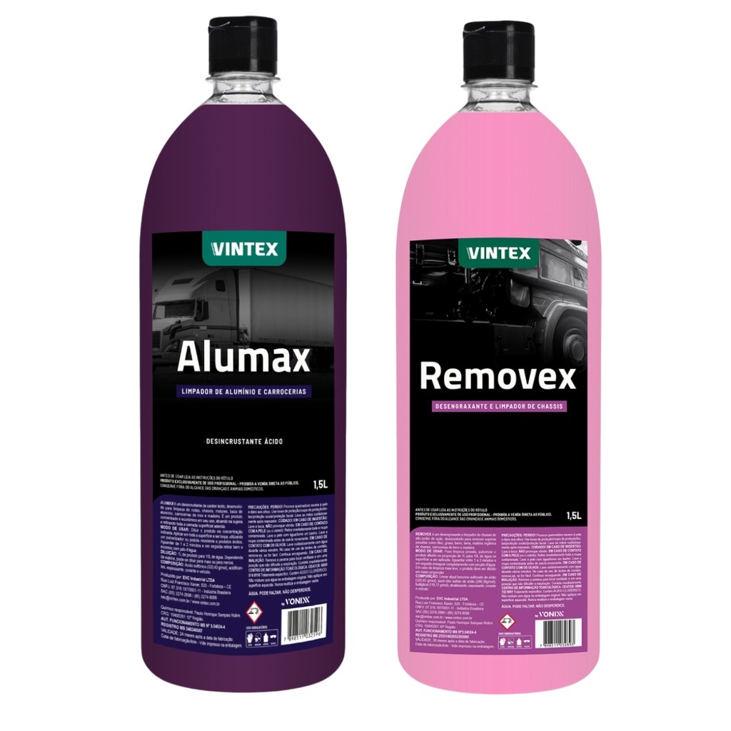 Alumax 1,5l + Removex 1,5l Vintex Vonixx Desengraxante e Desincrustante Limpa Carrocerias Alumínio Alumax 1,5l + Removex 1,5l Vintex Vonixx Desengraxante e Desincrustante Limpa Carrocerias Alumínio