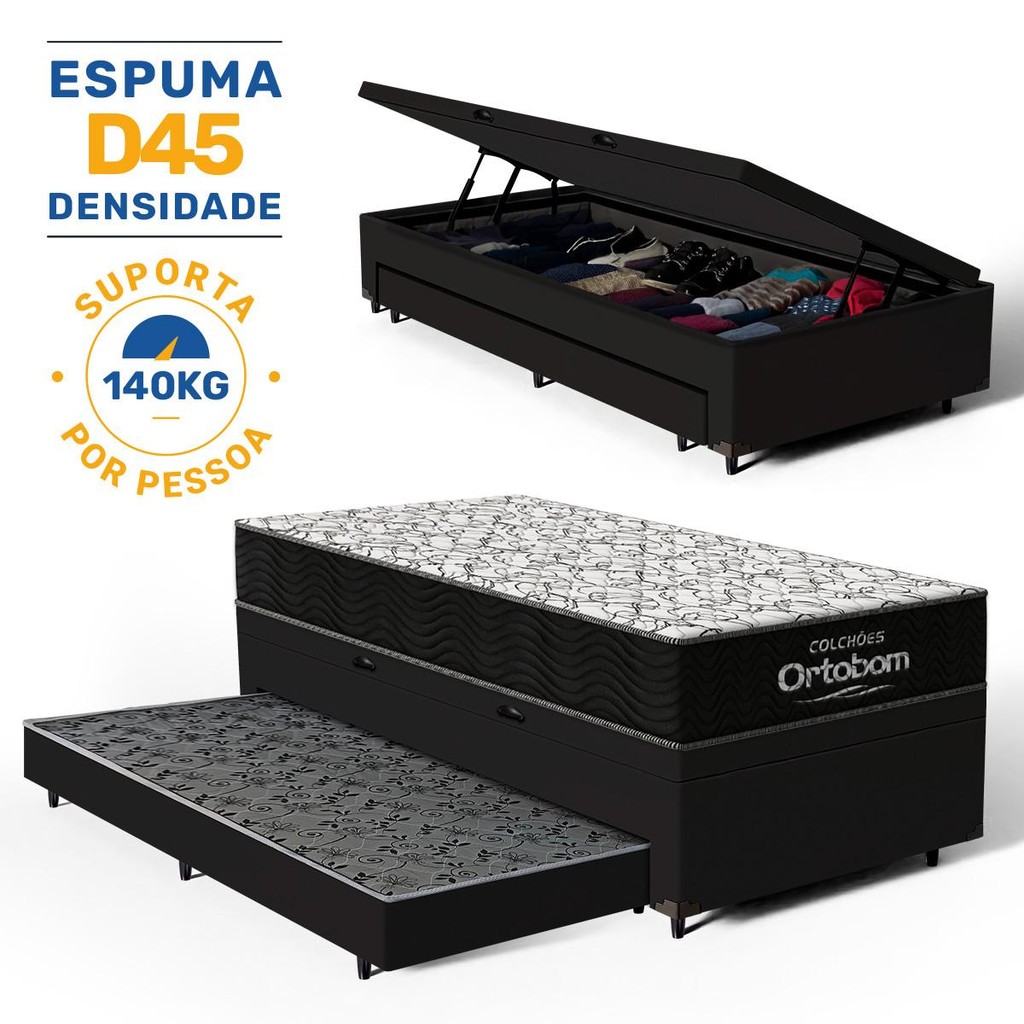 Cama Box Baú com Colchão de Espuma D45 Ortobom Airtech 150 + Auxiliar Unique Solteiro 88cm em Oferta na Shopee