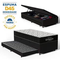 Cama Box Baú com Colchão de Espuma D45 Ortobom Airtech 150 + Auxiliar Unique Solteiro 88cm