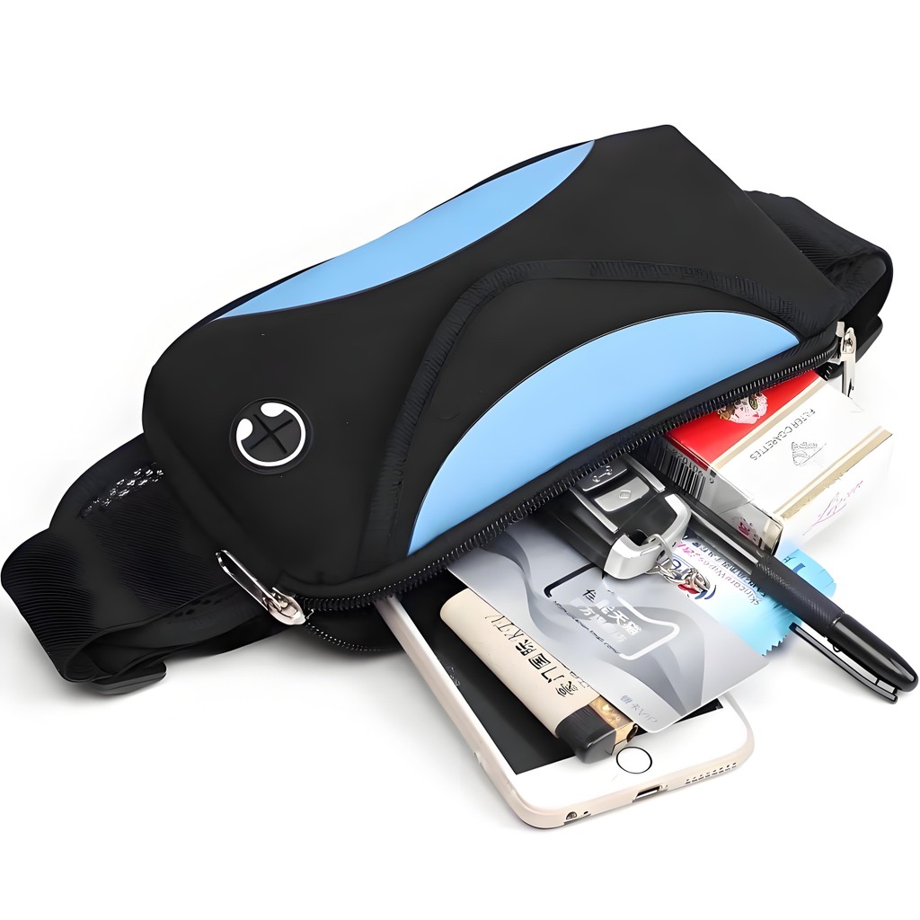 Pochete transversal masculina Dupla Camada Impermeável 2 Bolsos c/ Furo p/ Fones Faixa Refletiva