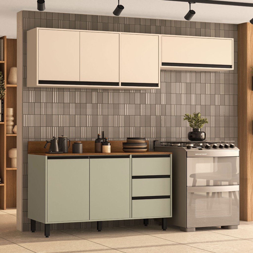 Cozinha Completa Oliva 6 Portas 3 Gavetas Verde Oliva/Creme - Politorno em Oferta na Shopee