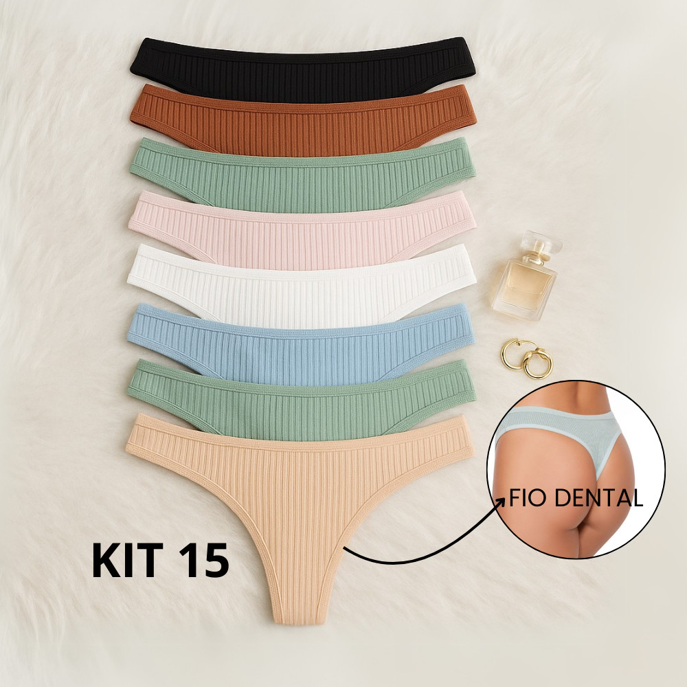 Kit 15 Calcinha Canelada Feminina Fio Dental Confortável Forro Algodão Lingerie Promoção
