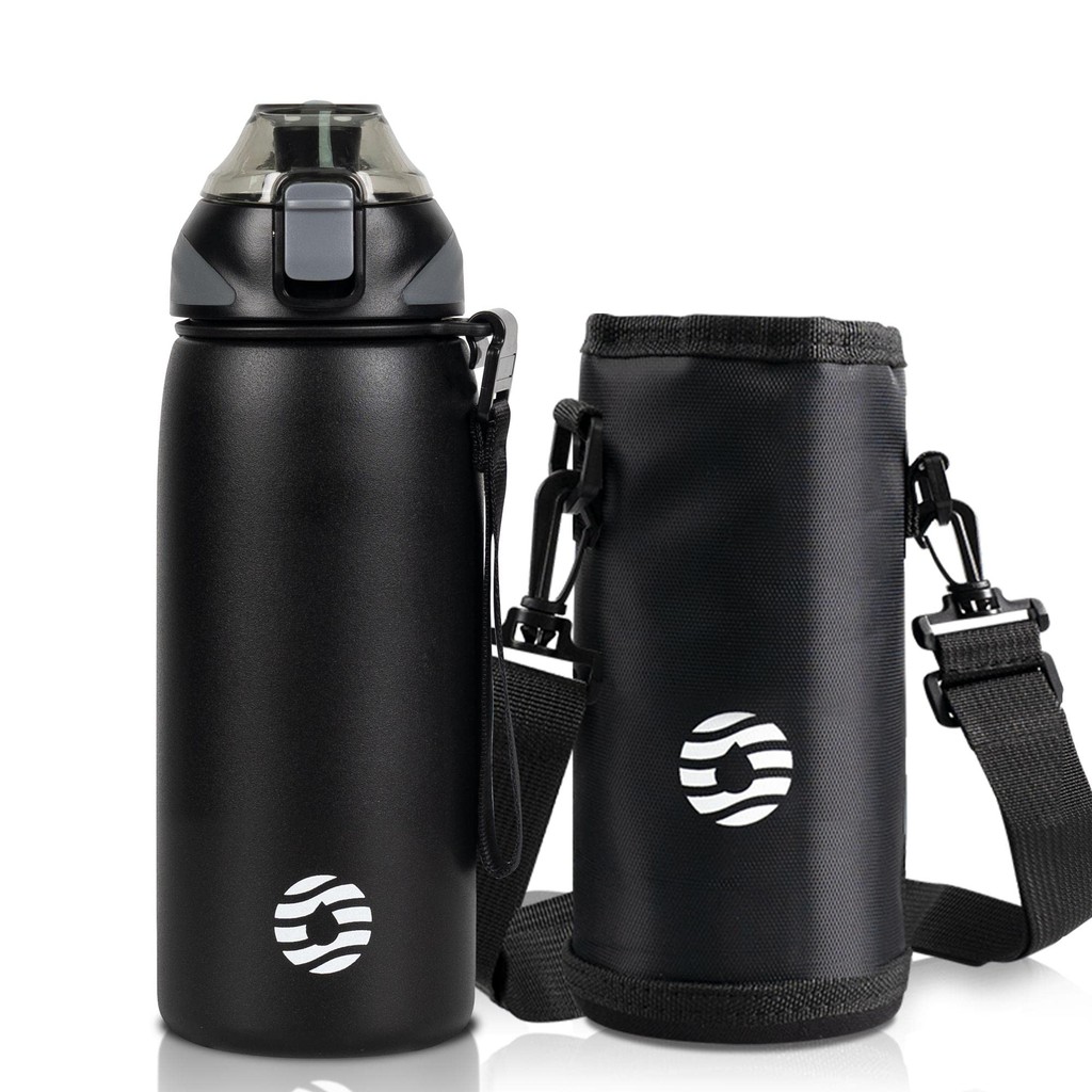 FJbottle Water Bottle 600ml Vacuum Insulated Mag Bottle (with Strap) One-Touch Heat Preservation and Cold Retention Easy to Clean Wide Mouth Stainless Steel Bottle with Bottle Cover and Cleaning Sponge for Girls, Boys, Stylish Adults and Kids, Black
