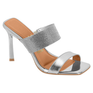 Tamanco Vizzano Prata Strass Cristal Metalizada Sandália Salto Grosso Macia Feminina Square 6516.204