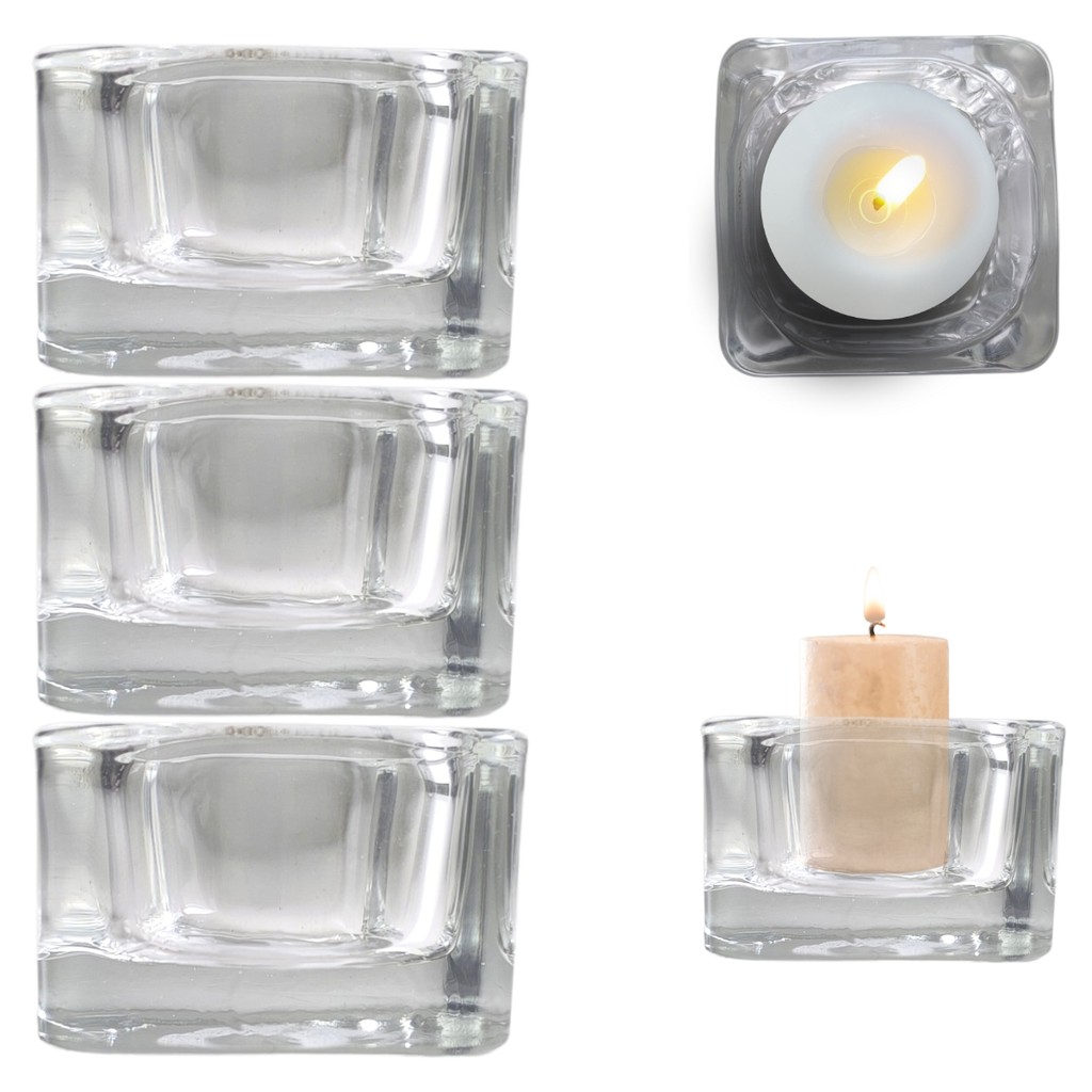 Kit 3 Castiçal de Vidro Quadrado Porta Velas Decoração 5cm