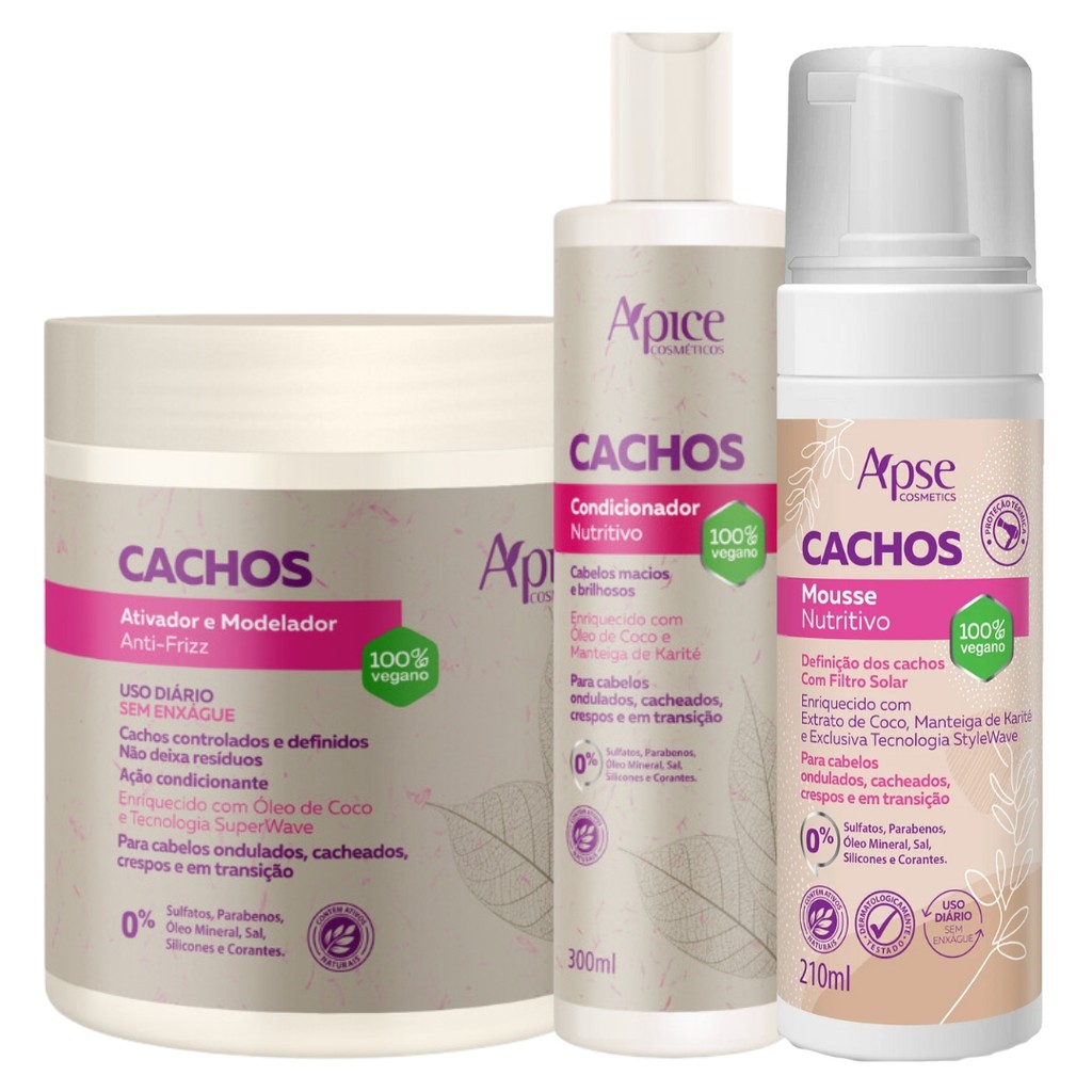 Kit Apice Cachos Condicionador + Mousse + Ativador Tratamento Capilar Cacheado Vegano