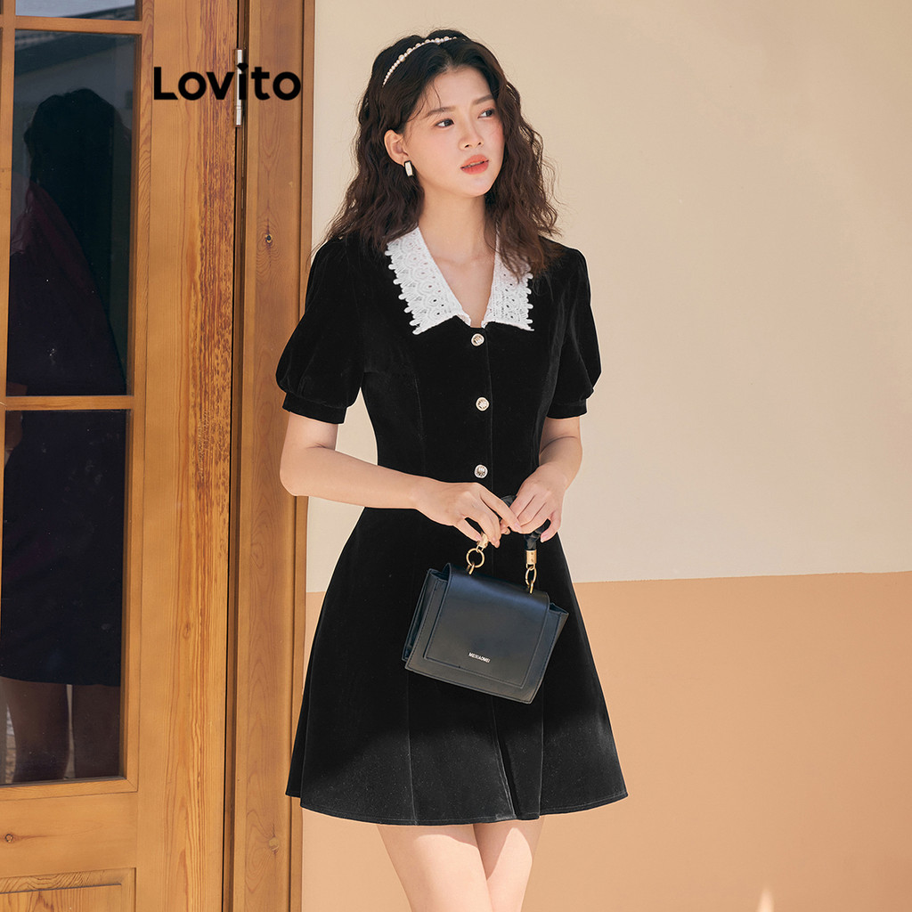 Lovito Vestido casual liso com babados e botões em renda texturizada para mulheres L110AD460 - Women Clothes
