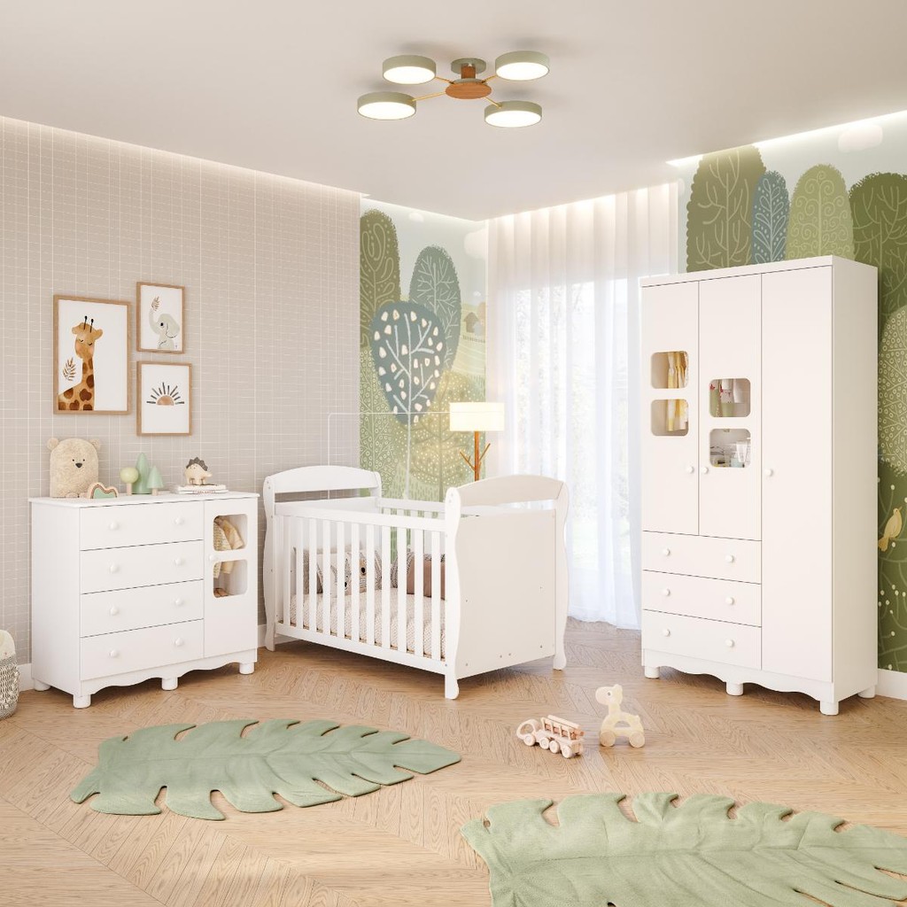 Quarto Bebê Completo 100%MDF Berço Americano Marquesa 3 em 1 Guarda Roupa 3 Portas Cômoda Uli em Oferta na Shopee